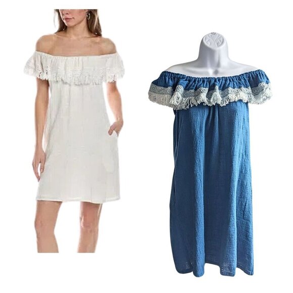 WALKER & WADE Kauai Blue Cotton Off Shoulder Fringe Trim Mini Dress Size XS - Picture 1 of 8